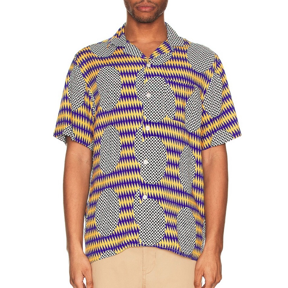 OAS Chester Finesse Men's Blue and Yellow Abstract Viscose Short Sleeve Shirt M